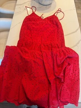 H&M Bright Red Eyelet Spaghetti-Strap Dress
